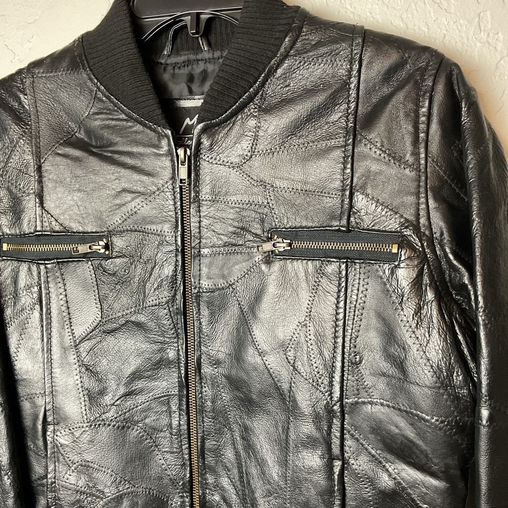 M. Collection Women’s Black Leather Patchwork Zip Up Bomber Jacket Sz Med - Picture 4 of 15